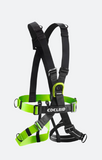 A full body harness by Edelrid, featuring black and green coloration, with adjustable straps and a central D-ring.