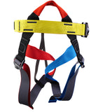 Colorful safety harness with red, yellow, blue, and black straps on a white background